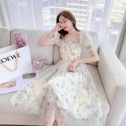 Kawaii Chiffon Elegant Dress -Kawaii Fashion Shop Summer Chiffon Elegant Kawaii Dress Women Floral Print Sweet Princess Casual Midi Dress Female Puff Sleeve 3