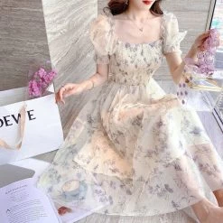 Kawaii Chiffon Elegant Dress -Kawaii Fashion Shop Summer Chiffon Elegant Kawaii Dress Women Floral Print Sweet Princess Casual Midi Dress Female Puff Sleeve 4