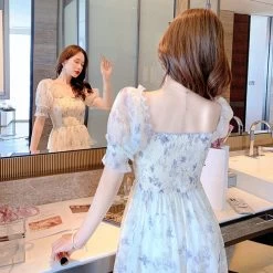 Kawaii Chiffon Elegant Dress -Kawaii Fashion Shop Summer Chiffon Elegant Kawaii Dress Women Floral Print Sweet Princess Casual Midi Dress Female Puff Sleeve 5