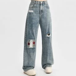 Summer Cute Puppy Embroidered Straight Jeans