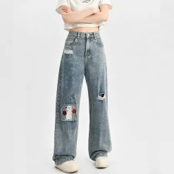 Summer Cute Puppy Embroidered Straight Jeans -Kawaii Fashion Shop Summer Cute Puppy Embroidered Straight Jeans 2