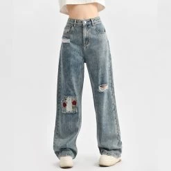 Summer Cute Puppy Embroidered Straight Jeans -Kawaii Fashion Shop Summer Cute Puppy Embroidered Straight Jeans 4