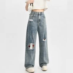 Summer Cute Puppy Embroidered Straight Jeans -Kawaii Fashion Shop Summer Cute Puppy Embroidered Straight Jeans 5