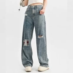 Summer Cute Puppy Embroidered Straight Jeans -Kawaii Fashion Shop Summer Cute Puppy Embroidered Straight Jeans 6