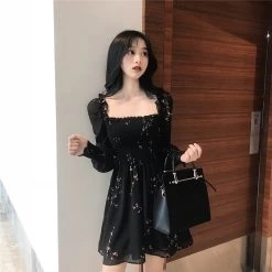 Black Flower Long Puff Sleeve Chiffon Dress -Kawaii Fashion Shop Summer Dress Women Vintage Flower Print Long Sleeve Black Party Dress Korea Casual Mini Dress Beach 2