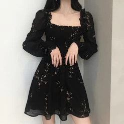Black Flower Long Puff Sleeve Chiffon Dress