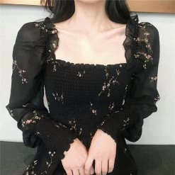 Black Flower Long Puff Sleeve Chiffon Dress -Kawaii Fashion Shop Summer Dress Women Vintage Flower Print Long Sleeve Black Party Dress Korea Casual Mini Dress Beach 4
