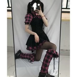Lolita Pink Plaid Short Sleeve Strap Midi Dress 10 Lolita Pink Plaid Short Sleeve Strap Midi Dress -Kawaii Fashion Shop Summer Dresses For Women Plaid 2021 Kawaii Pink Clothes Short Sleeve Strap Midi Dress Lolita Harajuku 1