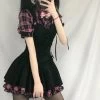 Lolita Pink Plaid Short Sleeve Strap Midi Dress -Kawaii Fashion Shop Summer Dresses For Women Plaid 2021 Kawaii Pink Clothes Short Sleeve Strap Midi Dress Lolita Harajuku
