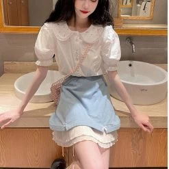 Japanese Sweet Blue Pleated Skirt 11 Japanese Sweet Blue Pleated Skirt -Kawaii Fashion Shop Summer Elegant Skirt Women Sweet Japanese Style Soft Bow Cute Skirt Female High Waist Pleated Lace 3