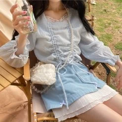 Japanese Sweet Blue Pleated Skirt 12 Japanese Sweet Blue Pleated Skirt -Kawaii Fashion Shop Summer Elegant Skirt Women Sweet Japanese Style Soft Bow Cute Skirt Female High Waist Pleated Lace 4