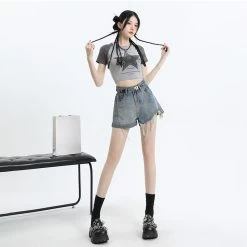 Summer High Waist Irregular Ripped Denim Shorts 16 Summer High Waist Irregular Ripped Denim Shorts -Kawaii Fashion Shop Summer High Waist Irregular Ripped Denim Shorts 5