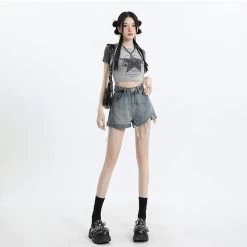 Summer High Waist Irregular Ripped Denim Shorts 18 Summer High Waist Irregular Ripped Denim Shorts -Kawaii Fashion Shop Summer High Waist Irregular Ripped Denim Shorts 9