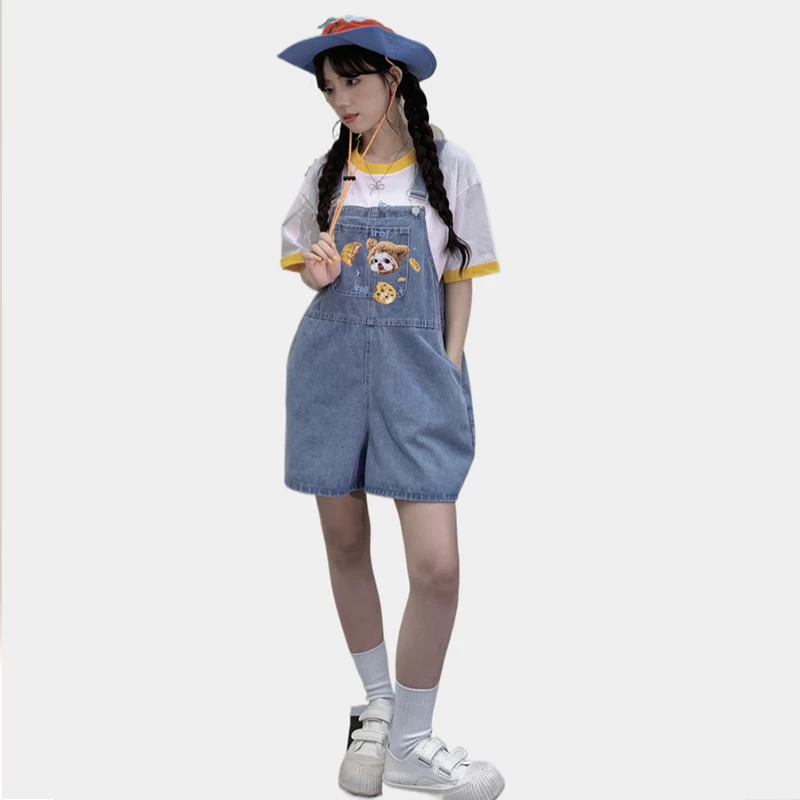 Summer Japanese Sweet Cool Girl Style Blue Cartoon Puppy Embroidered Overalls 5 Summer Japanese Sweet Cool Girl Style Blue Cartoon Puppy Embroidered Overalls - Image 3