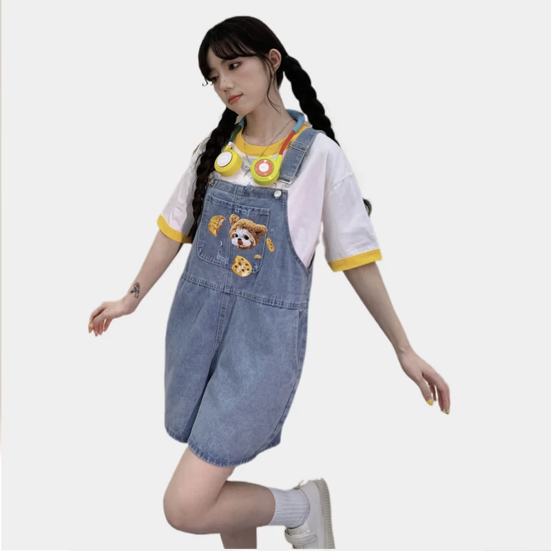 Summer Japanese Sweet Cool Girl Style Blue Cartoon Puppy Embroidered Overalls 4 Summer Japanese Sweet Cool Girl Style Blue Cartoon Puppy Embroidered Overalls - Image 2