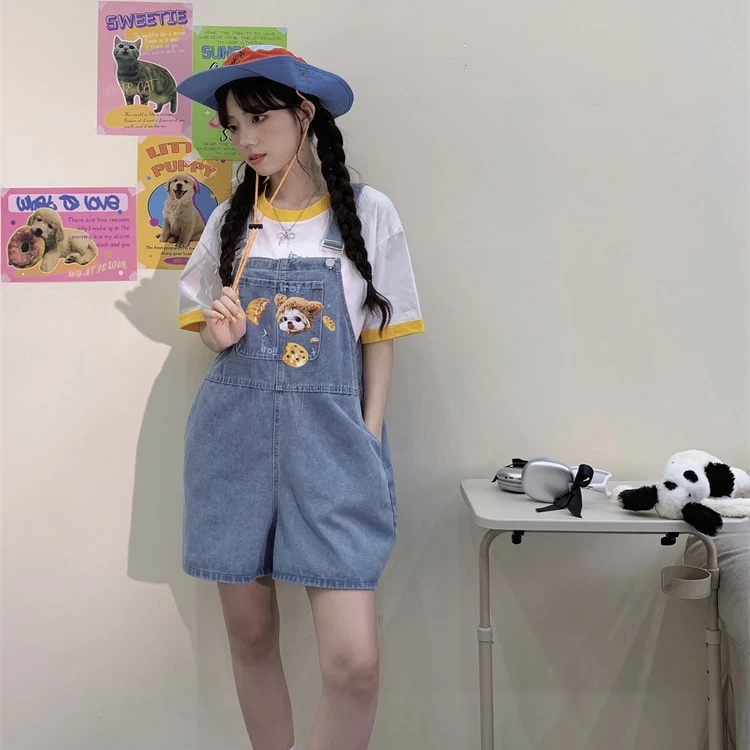 Summer Japanese Sweet Cool Girl Style Blue Cartoon Puppy Embroidered Overalls 6 Summer Japanese Sweet Cool Girl Style Blue Cartoon Puppy Embroidered Overalls - Image 4