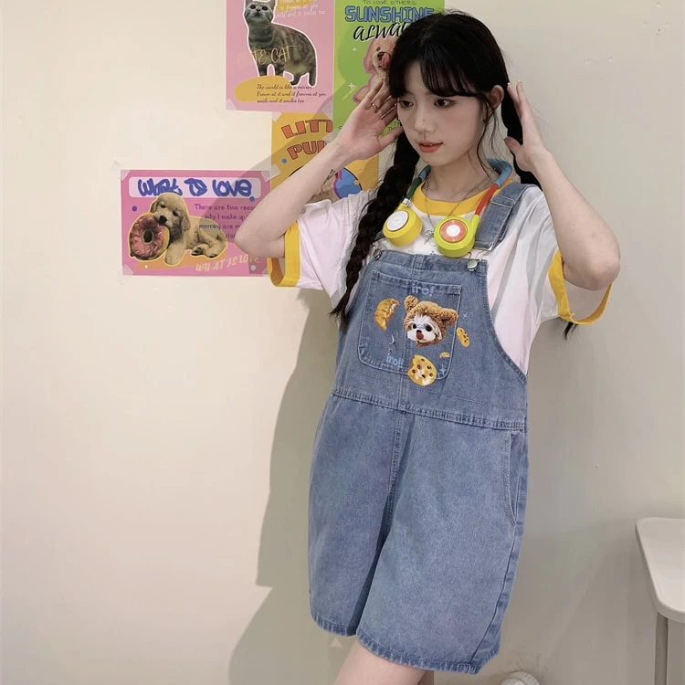 Summer Japanese Sweet Cool Girl Style Blue Cartoon Puppy Embroidered Overalls 8 Summer Japanese Sweet Cool Girl Style Blue Cartoon Puppy Embroidered Overalls - Image 6