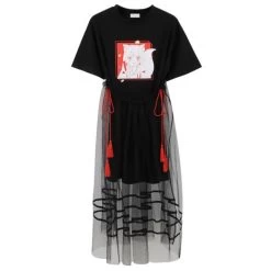 Kawaii Fox Two Peice Top’n’Skirt -Kawaii Fashion Shop Summer Japanese Women Cartoon Kawaii Fox Fairy Print Stitching Mesh Dress Short Sleeve Loose Shirt Dresses 3