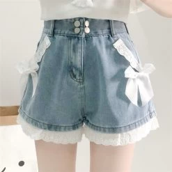 Kawaii Bow Denim High Waist Shorts 10 Kawaii Bow Denim High Waist Shorts -Kawaii Fashion Shop Summer Lolita Denim Shorts Teen Girls Kawaii Bow Lace Hem Women Wide Leg Jeans 2022 Korean 2
