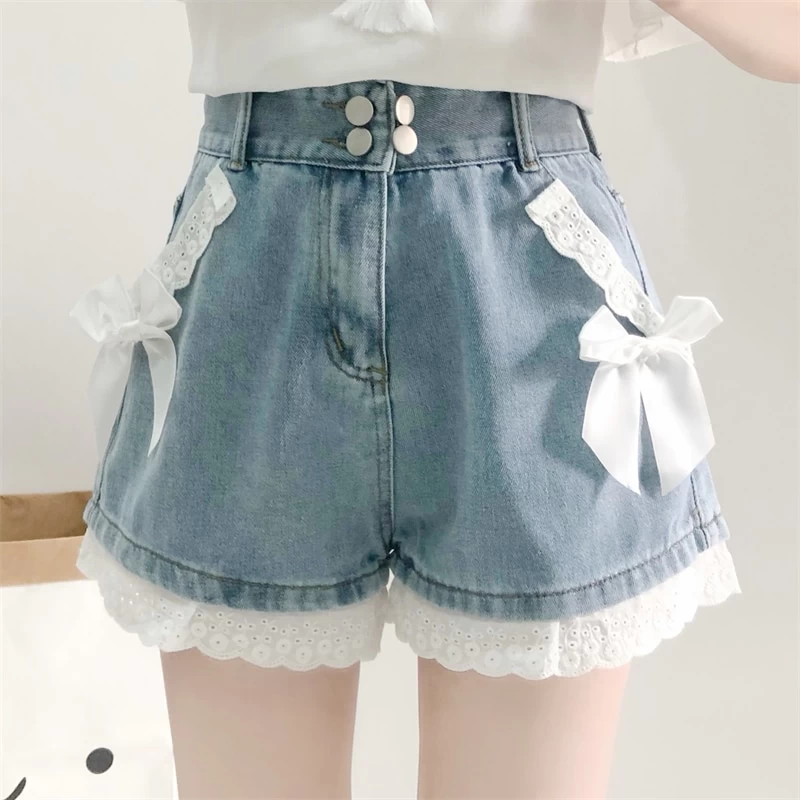 Kawaii Bow Denim High Waist Shorts 5 Kawaii Bow Denim High Waist Shorts - Image 3