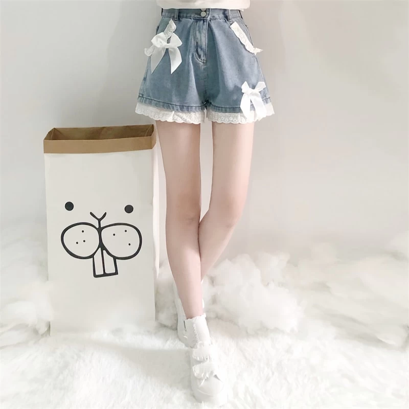 Kawaii Bow Denim High Waist Shorts 7 Kawaii Bow Denim High Waist Shorts - Image 5