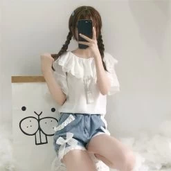 Kawaii Bow Denim High Waist Shorts 13 Kawaii Bow Denim High Waist Shorts -Kawaii Fashion Shop Summer Lolita Denim Shorts Teen Girls Kawaii Bow Lace Hem Women Wide Leg Jeans 2022 Korean 5
