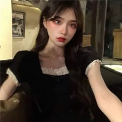 Kawaii Slim Fitted Side Slit Black Short Dress -Kawaii Fashion Shop Summer New Sexy Nightclub Square Neck Lace Stitching Small Butterfly Knot Short sleeved Skirt Is Thin 2