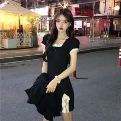 Kawaii Slim Fitted Side Slit Black Short Dress -Kawaii Fashion Shop Summer New Sexy Nightclub Square Neck Lace Stitching Small Butterfly Knot Short sleeved Skirt Is Thin 4