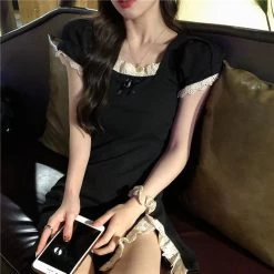 Kawaii Slim Fitted Side Slit Black Short Dress -Kawaii Fashion Shop Summer New Sexy Nightclub Square Neck Lace Stitching Small Butterfly Knot Short sleeved Skirt Is Thin 5