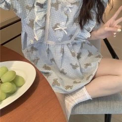 Kawaii Puff Sleeved Floral Dress -Kawaii Fashion Shop Summer Pajamas Women Sweet Bear Print Homewear Nightwear Korean Comfortable Girls Ruffles Female Leisure All match 2