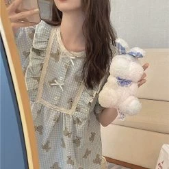 Kawaii Puff Sleeved Floral Dress -Kawaii Fashion Shop Summer Pajamas Women Sweet Bear Print Homewear Nightwear Korean Comfortable Girls Ruffles Female Leisure All match 3