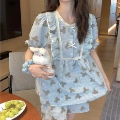 Kawaii Puff Sleeved Floral Dress -Kawaii Fashion Shop Summer Pajamas Women Sweet Bear Print Homewear Nightwear Korean Comfortable Girls Ruffles Female Leisure All match 4