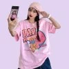 Summer Pink Bear Print Round Neck T-shirt -Kawaii Fashion Shop Summer Pink Bear Print Round Neck T shirt