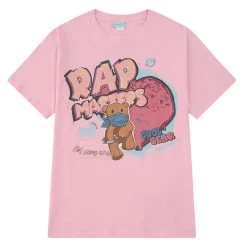 Summer Pink Bear Print Round Neck T-shirt -Kawaii Fashion Shop Summer Pink Bear Print Round Neck T shirt 2