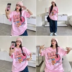 Summer Pink Bear Print Round Neck T-shirt -Kawaii Fashion Shop Summer Pink Bear Print Round Neck T shirt 7