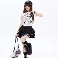 Summer Punk Aesthetics Straps High Waist Cake Skirt -Kawaii Fashion Shop Summer Punk Aesthetics Straps High Waist Cake Skirt 8
