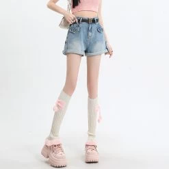 Summer Retro High Waist Denim Shorts -Kawaii Fashion Shop Summer Retro High Waist Denim Shorts 3