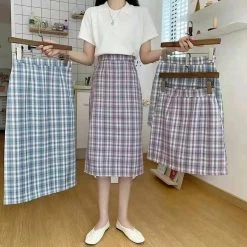Jk Plaid High Waist Mini Skirt -Kawaii Fashion Shop Summer Retro Plaid Split Long Skirt A line Candy Check Printed Elastic Waist Mid calf Preppy 1