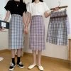 Jk Plaid High Waist Mini Skirt 1 Jk Plaid High Waist Mini Skirt -Kawaii Fashion Shop Summer Retro Plaid Split Long Skirt A line Candy Check Printed Elastic Waist Mid calf Preppy