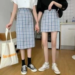 Jk Plaid High Waist Mini Skirt -Kawaii Fashion Shop Summer Retro Plaid Split Long Skirt A line Candy Check Printed Elastic Waist Mid calf Preppy 2
