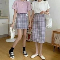 Jk Plaid High Waist Mini Skirt -Kawaii Fashion Shop Summer Retro Plaid Split Long Skirt A line Candy Check Printed Elastic Waist Mid calf Preppy 3