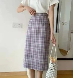 Jk Plaid High Waist Mini Skirt -Kawaii Fashion Shop Summer Retro Plaid Split Long Skirt A line Candy Check Printed Elastic Waist Mid calf Preppy 5