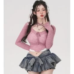 Summer Ribbon Denim Cake Mini Skirt -Kawaii Fashion Shop Summer Ribbon Denim Cake Mini Skirt 1