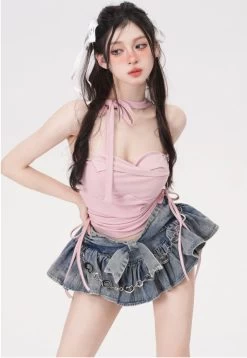 Summer Ribbon Denim Cake Mini Skirt -Kawaii Fashion Shop Summer Ribbon Denim Cake Mini Skirt 4