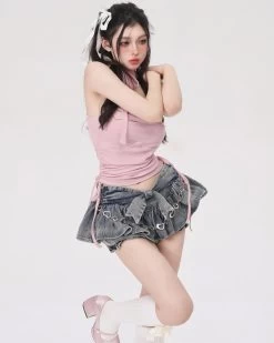 Summer Ribbon Denim Cake Mini Skirt -Kawaii Fashion Shop Summer Ribbon Denim Cake Mini Skirt 5