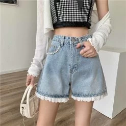 Kawaii Beaded Lace Hem Denim Shorts -Kawaii Fashion Shop Summer Sexy Women s Denim Shorts Fashion Sweet Harem Lace Blue High Waisted A line Shorts 2