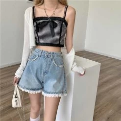 Kawaii Beaded Lace Hem Denim Shorts -Kawaii Fashion Shop Summer Sexy Women s Denim Shorts Fashion Sweet Harem Lace Blue High Waisted A line Shorts 3