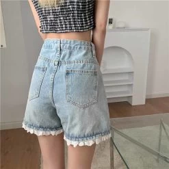 Kawaii Beaded Lace Hem Denim Shorts -Kawaii Fashion Shop Summer Sexy Women s Denim Shorts Fashion Sweet Harem Lace Blue High Waisted A line Shorts 4