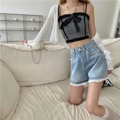 Kawaii Beaded Lace Hem Denim Shorts -Kawaii Fashion Shop Summer Sexy Women s Denim Shorts Fashion Sweet Harem Lace Blue High Waisted A line Shorts 5