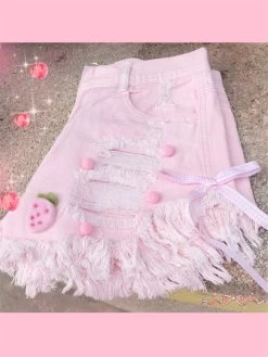 Ripped Denim Kawaii Shorts -Kawaii Fashion Shop Summer Short Jeans Women Korean Style Cute Sexy Ripped Denim Shorts Harajuku Kawaii Casual High Waist 1